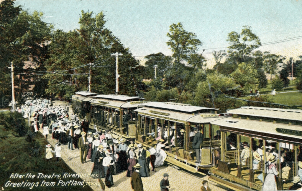 This postcard shows theatergoers boarding trolley cars for the trip home after a show at Riverton Park in Portland. Source: New England Electric Railways History Society