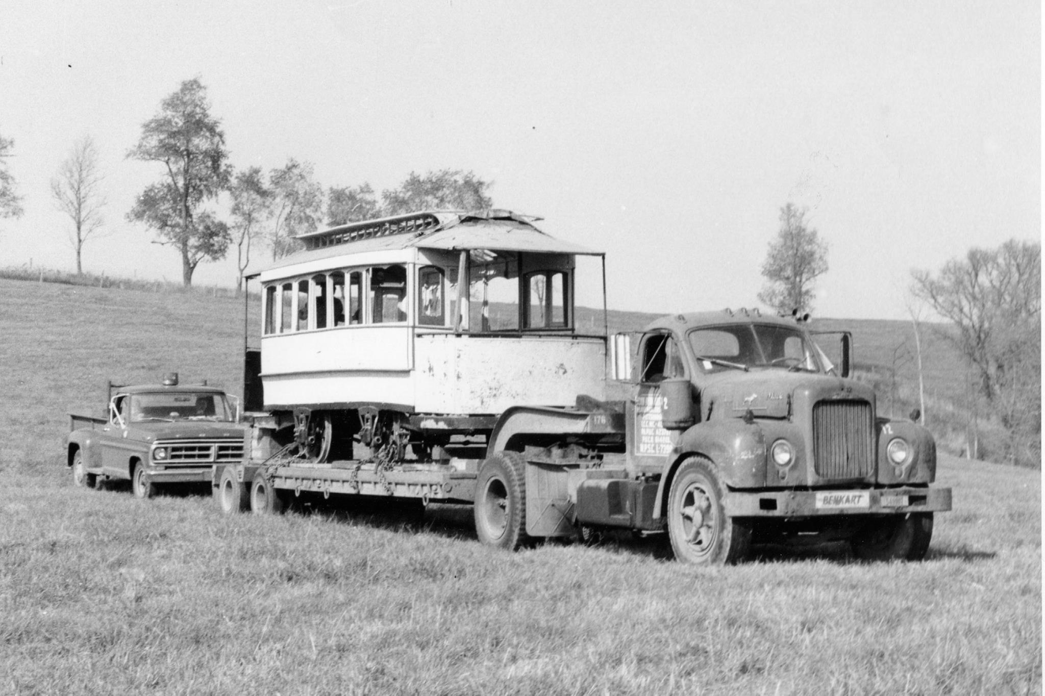 horse car on truck bed black and white photo